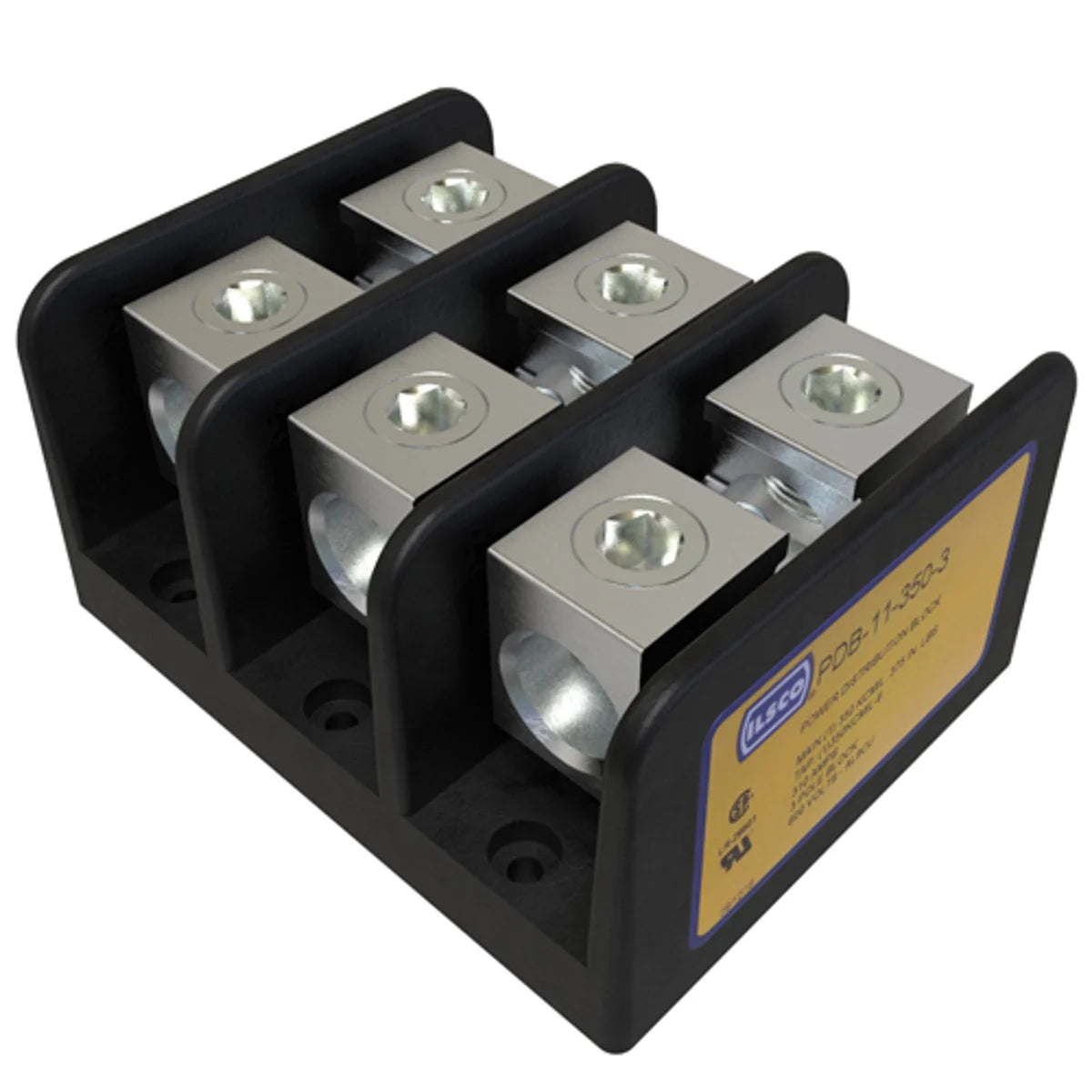 ILSCO PDB-11-350-3 Power Distribution Block, Dual Rated, Line Conductor Range 350-6, Load Range 350-6, 1 Port Per Pole Line Side, 1 Port Per Pole Load Side, 3 Pole, UL, CSA