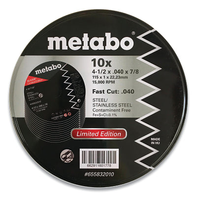 Metabo 655832010 Limited Edition Slicer Fast Cut Wheel, 4-1/2 in dia x 0.040 in Thick, 7/8 in Arbor, A60TBF