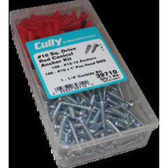 CULLY 39910 #10 Hex Washer Head Red Conical Anchor Kit, #10 x 1 (100), #10-12 (100), Includes 1/4 Carbide Drill Bit