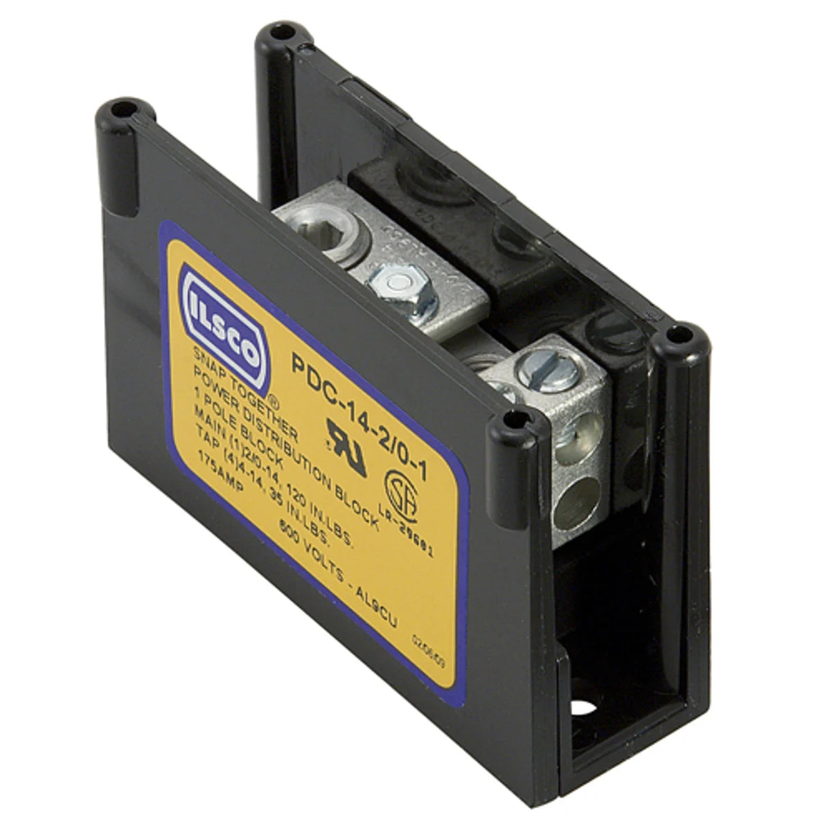 ILSCO PDC-14-2/0-1 Power Distribution Block, Modular Design, Dual Rated, Line Conductor Range 2/0-14, Load Range 4-14, 1 Port Per Pole Line Side, 4 Ports Per Pole Load Side, 1 Pole, UL, CSA