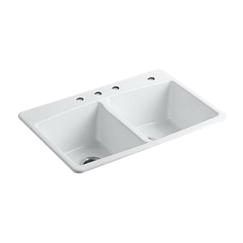 Kohler K-5846-4-0 Brookfield Enameled Cast Iron 4-Hole Double-Bowl Top Mount Kitchen Sink