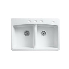 Kohler K-5846-4-0 Brookfield Enameled Cast Iron 4-Hole Double-Bowl Top Mount Kitchen Sink