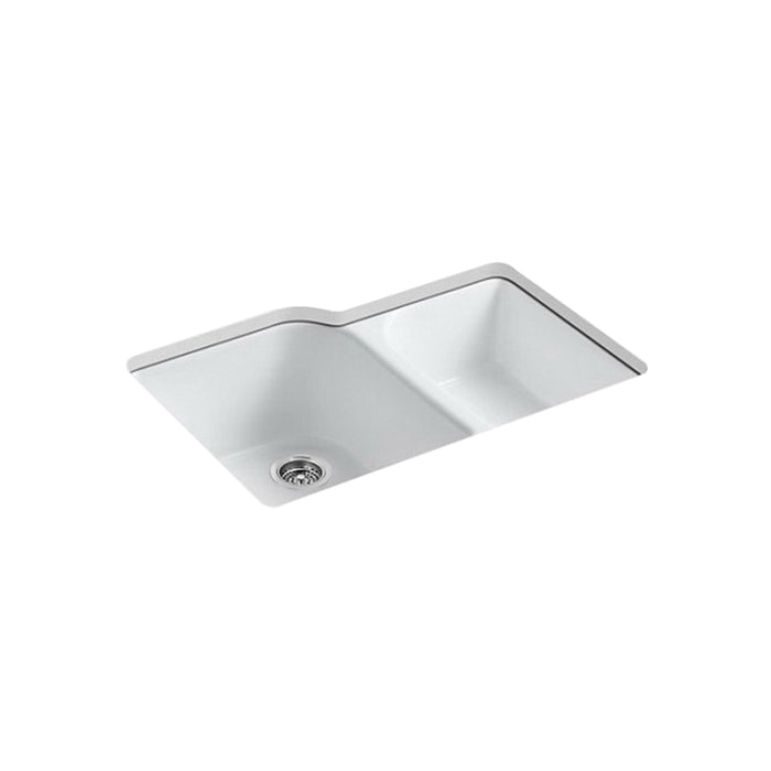 Kohler K-5931-4U-0 Executive Chef Enameled Cast Iron 4-Hole Double-Bowl Offset Large/Medium Rectangular Undermount Kitchen Sink