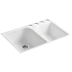 Kohler K-5931-4U-0 Executive Chef Enameled Cast Iron 4-Hole Double-Bowl Offset Large/Medium Rectangular Undermount Kitchen Sink