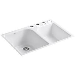 Kohler K-5931-4U-0 Executive Chef Enameled Cast Iron 4-Hole Double-Bowl Offset Large/Medium Rectangular Undermount Kitchen Sink