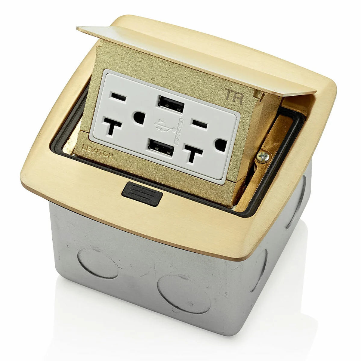 Leviton PFUS2-BR Pop-Up Floor Box with Combination Duplex Receptacle Outlet and USB Charger 20 Amp 125 Volt