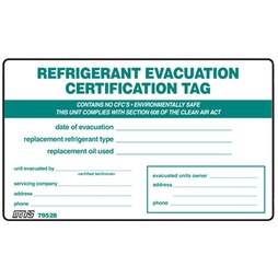 Mars 79528 Certification Tag Refrigerant Evacuation 5PK 7-1/2 x 4-1/2 Inch