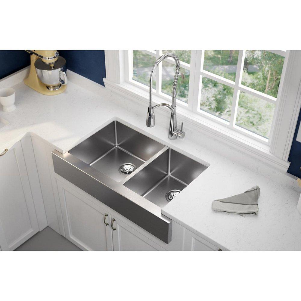 Elkay ECTRUF32179R Crosstown 18 Gauge Stainless Steel 35-7/8 x 20-1/4 x 9, 60/40 Double Bowl Farmhouse Sink