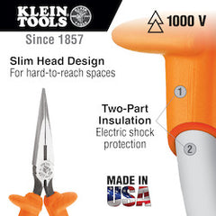 Klein Tools D203-8N-INS Insulated Long Nose Pliers, Side-Cutting/Stripping