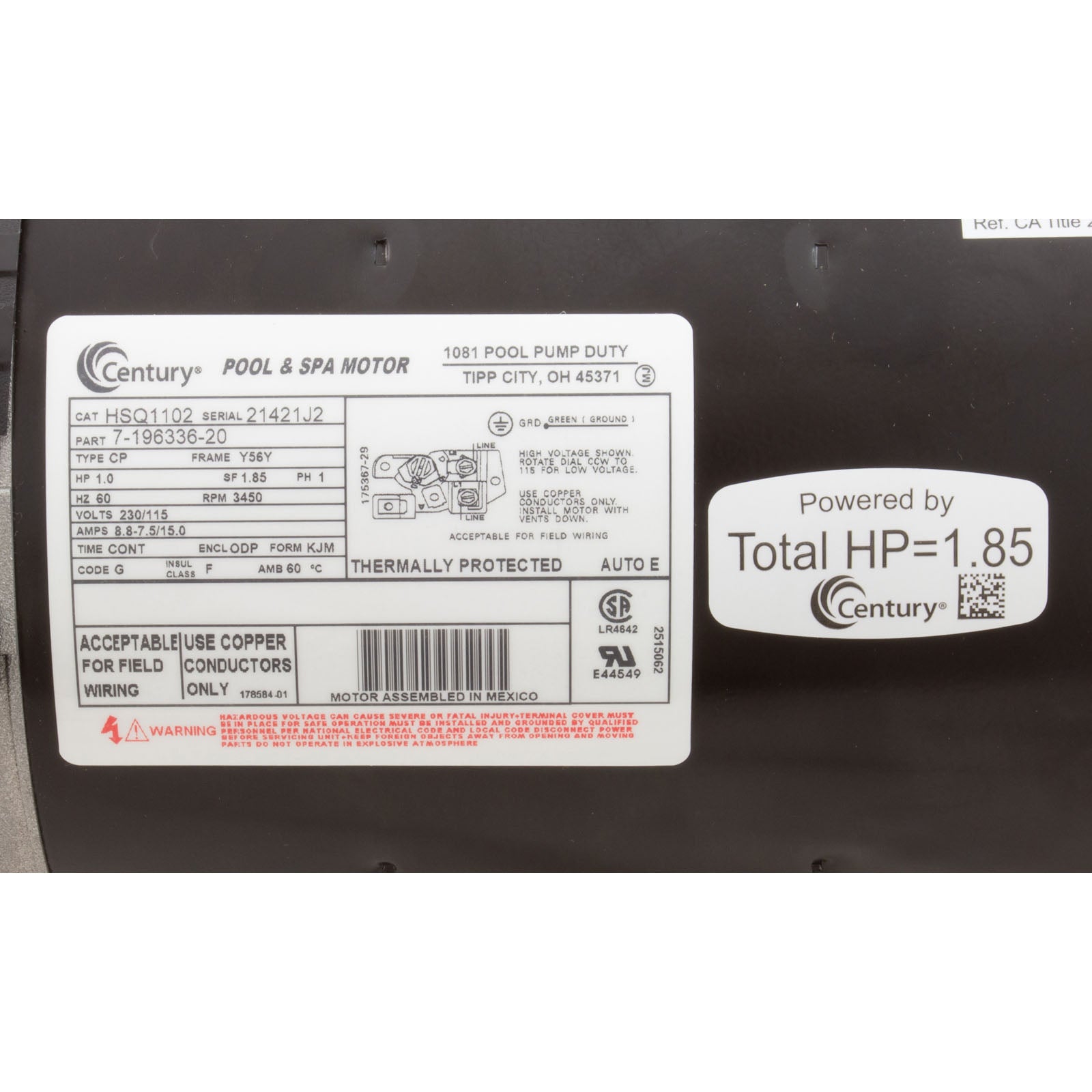 Century HSQ1102 Mtr, Cent, 1Hp, 115/208-230V, 1-Sp, Sf1.85, 56Yfr