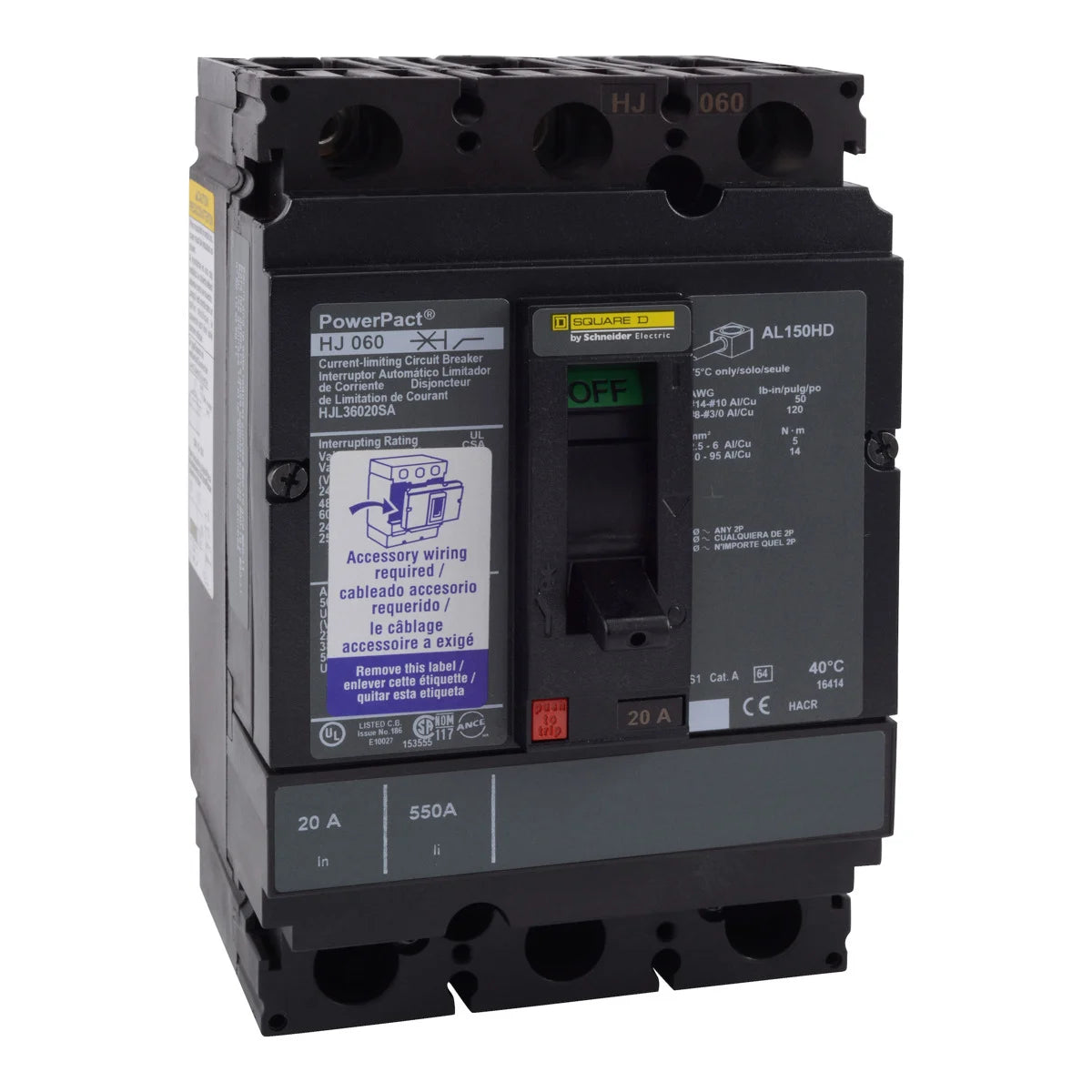 Square D HJL36070AA Circuit Breaker, PowerPacT H, 70A, 3 Pole, 600VAC, 25kA, Lugs, Thermal Magnetic, 80%, Aux Switch