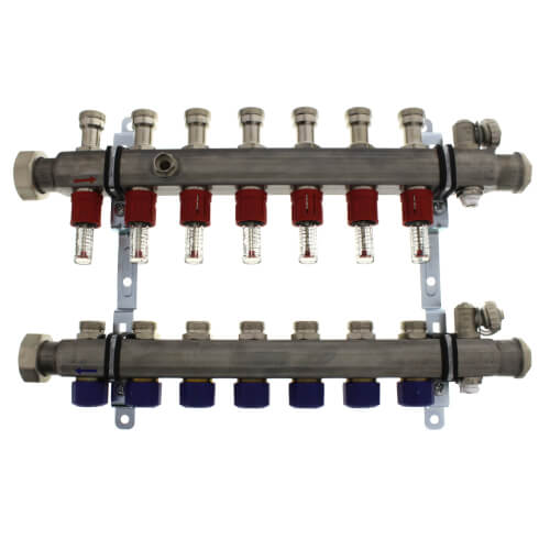 Viega 16035 1-1/4 x 1, Union x FPT, Stainless Steel, 7-Port, Heating and Cooling Manifold with Air Bleeder/Shut-Off Balancing Valve and Supply Flow Meter Valve