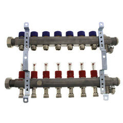 Viega 16035 1-1/4 x 1, Union x FPT, Stainless Steel, 7-Port, Heating and Cooling Manifold with Air Bleeder/Shut-Off Balancing Valve and Supply Flow Meter Valve