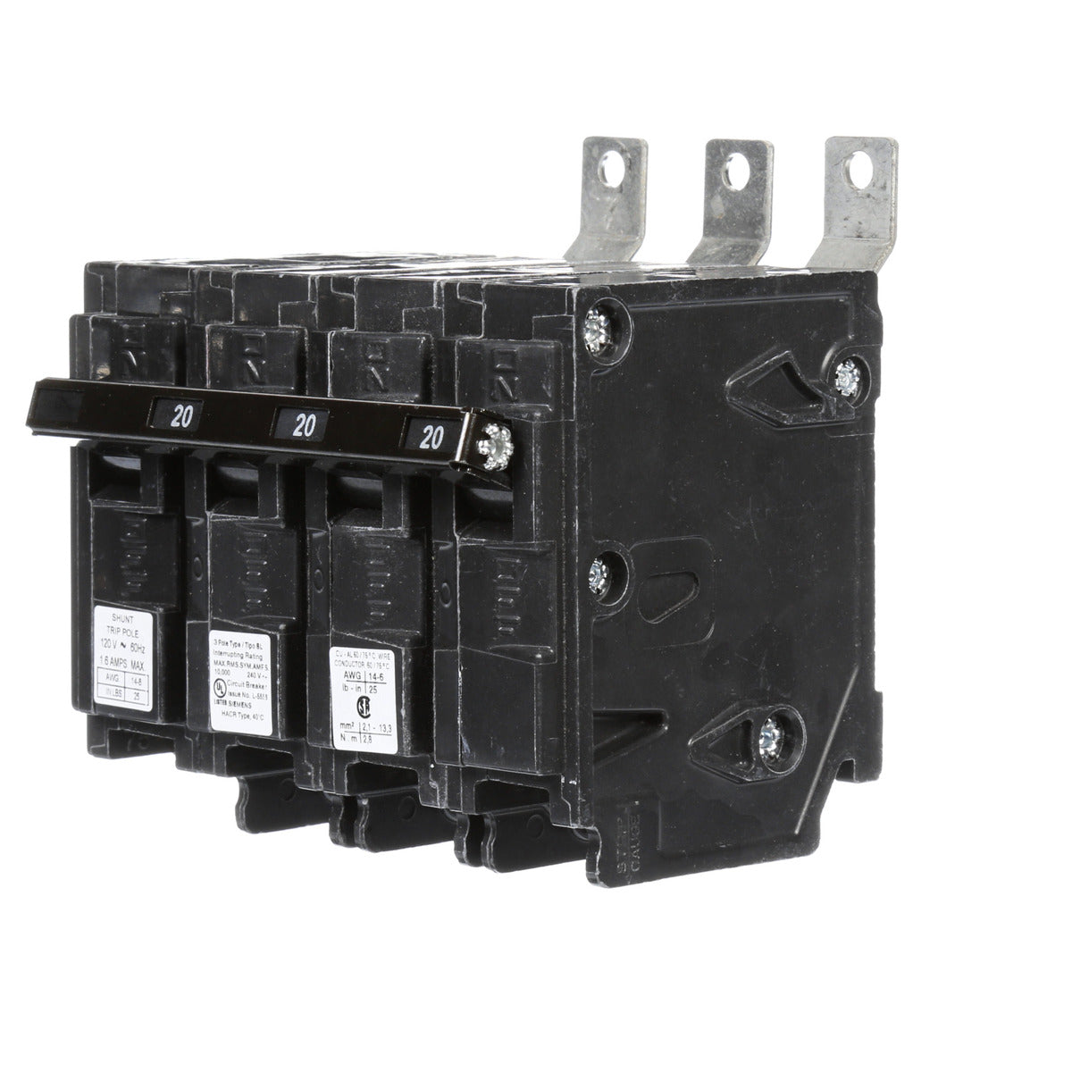 Siemens B32000S01 3-Pole 240 VAC 20 Amp 10 kA Bolt-On Common Trip Thermal Magnetic Molded Case Circuit Breaker