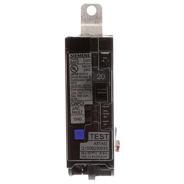 Siemens BA120AFC 1-Pole 20 Amp 120 VAC 10 kA Arc Fault Circuit Interrupter