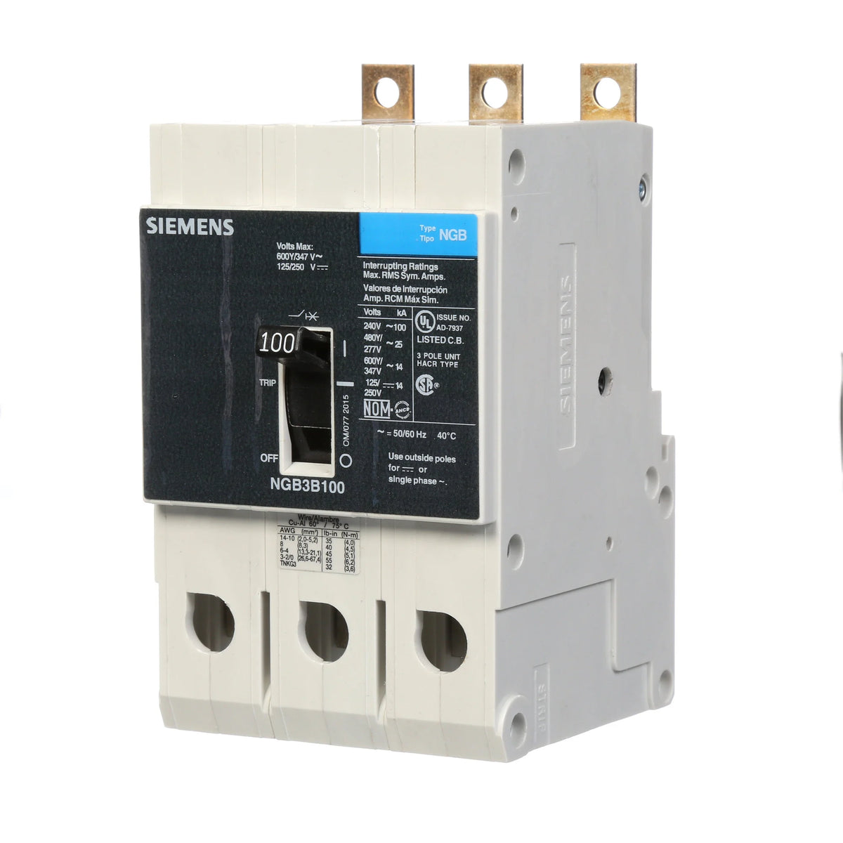 Siemens NGB3B100B Low Voltage Panelboard Mount G Frame Circuit Breaker 100A 3-Pole 14KAIC at 600Y/347V