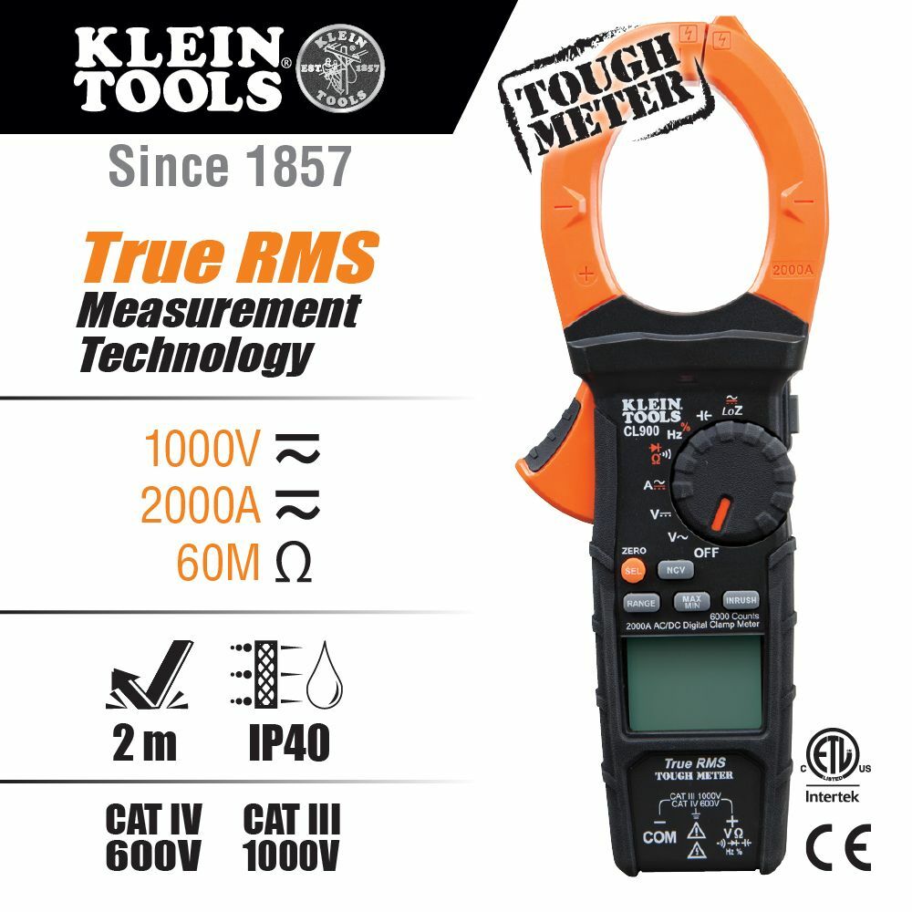 Klein CL900 Digital Clamp Meter 2000A AC/DC Low Impedance (LoZ)