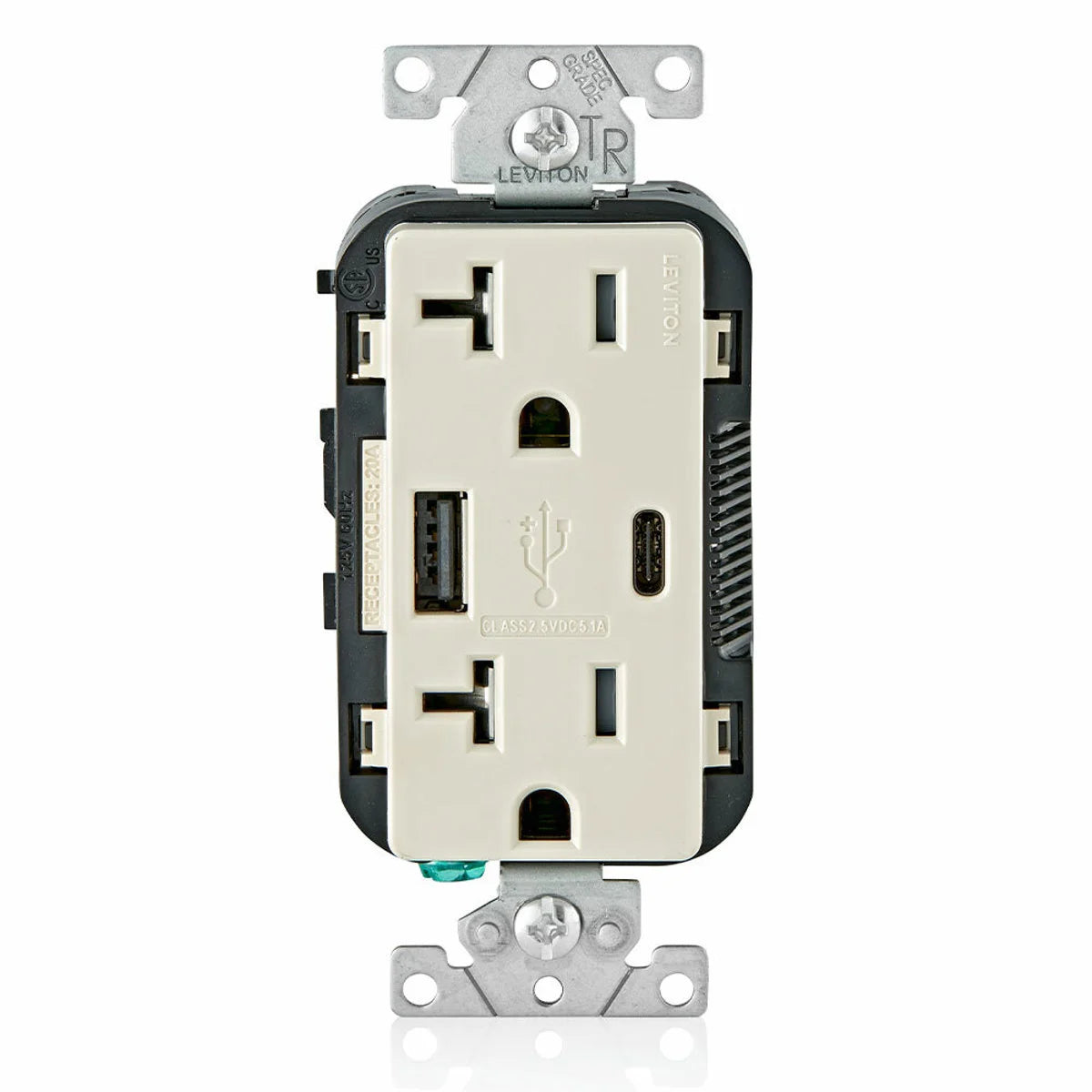 Leviton T5833-T Combo DPLX RCPT - USB CHRG TYPE A-C 20A-125V 2 POLE 3-WIRE GND TAMPER RST RECEPT COF LT ALM