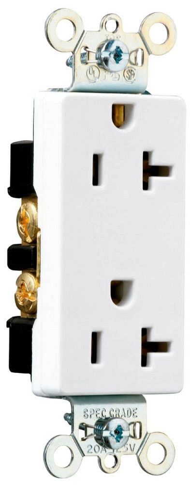 Pass & Seymour 26352W Heavy-Duty Decorator Spec Grade Receptacles w/ Back & Side Wire - 20A White (125V)