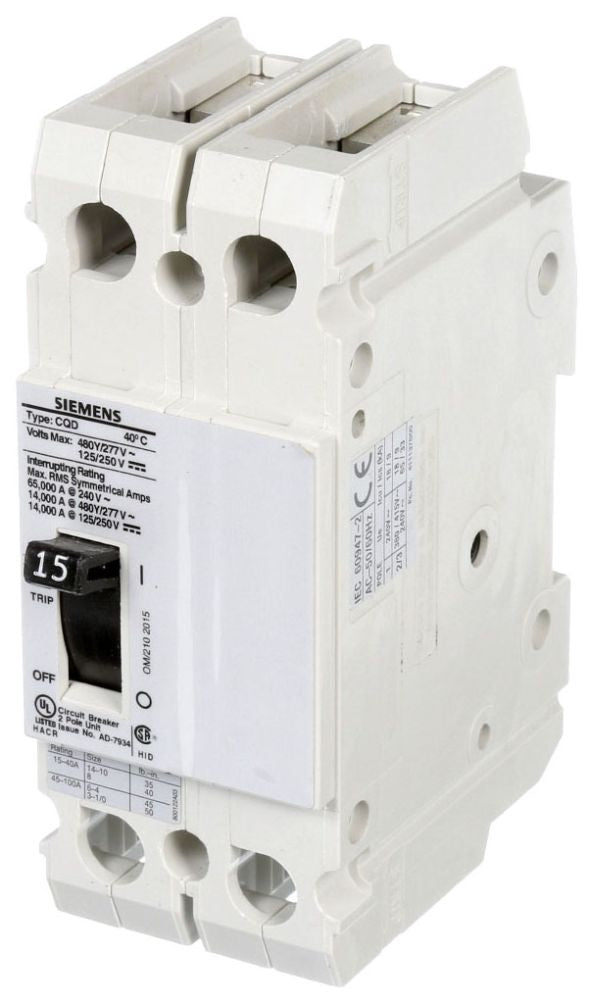 Siemens CQD215 2-Pole 15 Amp 480 Star/277 VAC 125/250 VDC 14 kA Molded Case Circuit Breaker