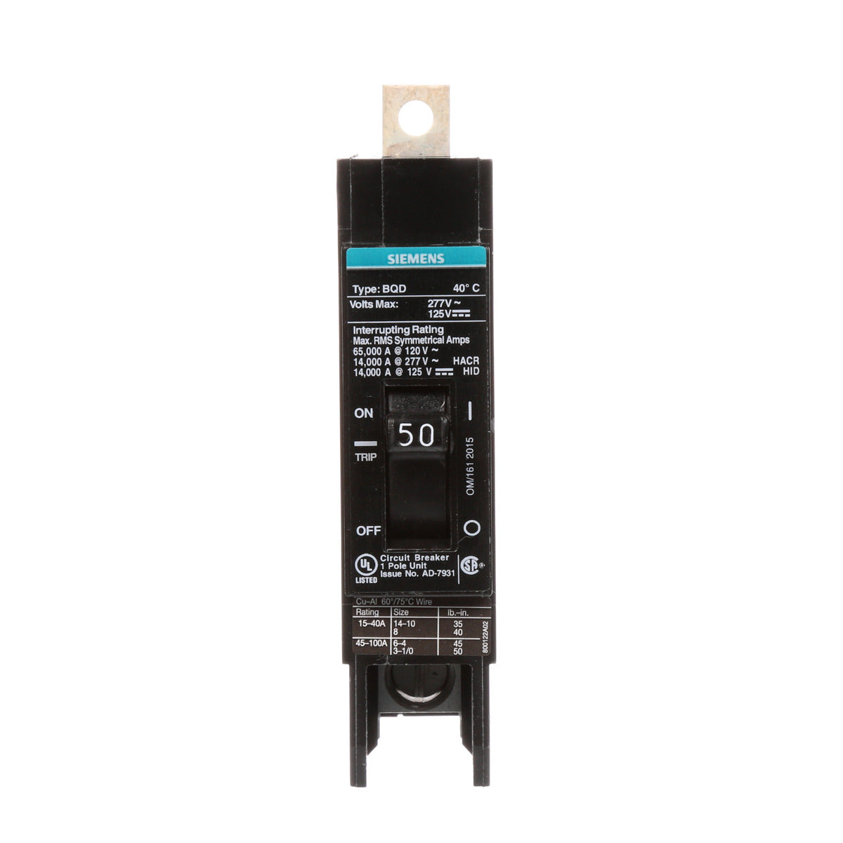 Siemens BQD150 1-Pole 50 Amp 277 VAC 14 kA Circuit Breaker