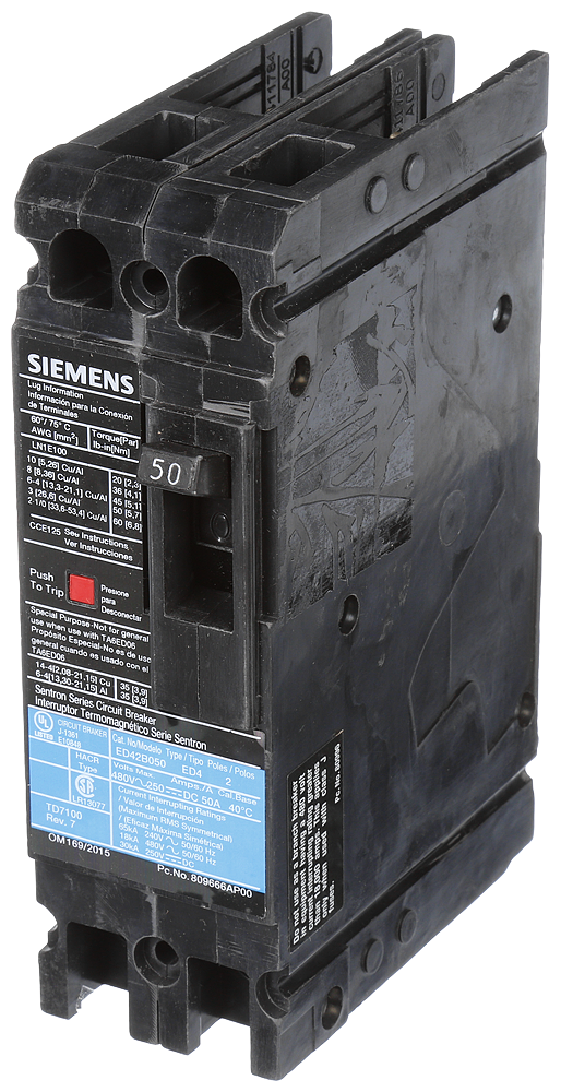 Siemens ED42B050 Molded Case Circuit Breaker 50 Amp 480 Volt 2-Pole