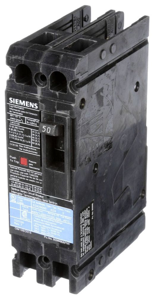 Siemens ED42B050 Molded Case Circuit Breaker 50 Amp 480 Volt 2-Pole