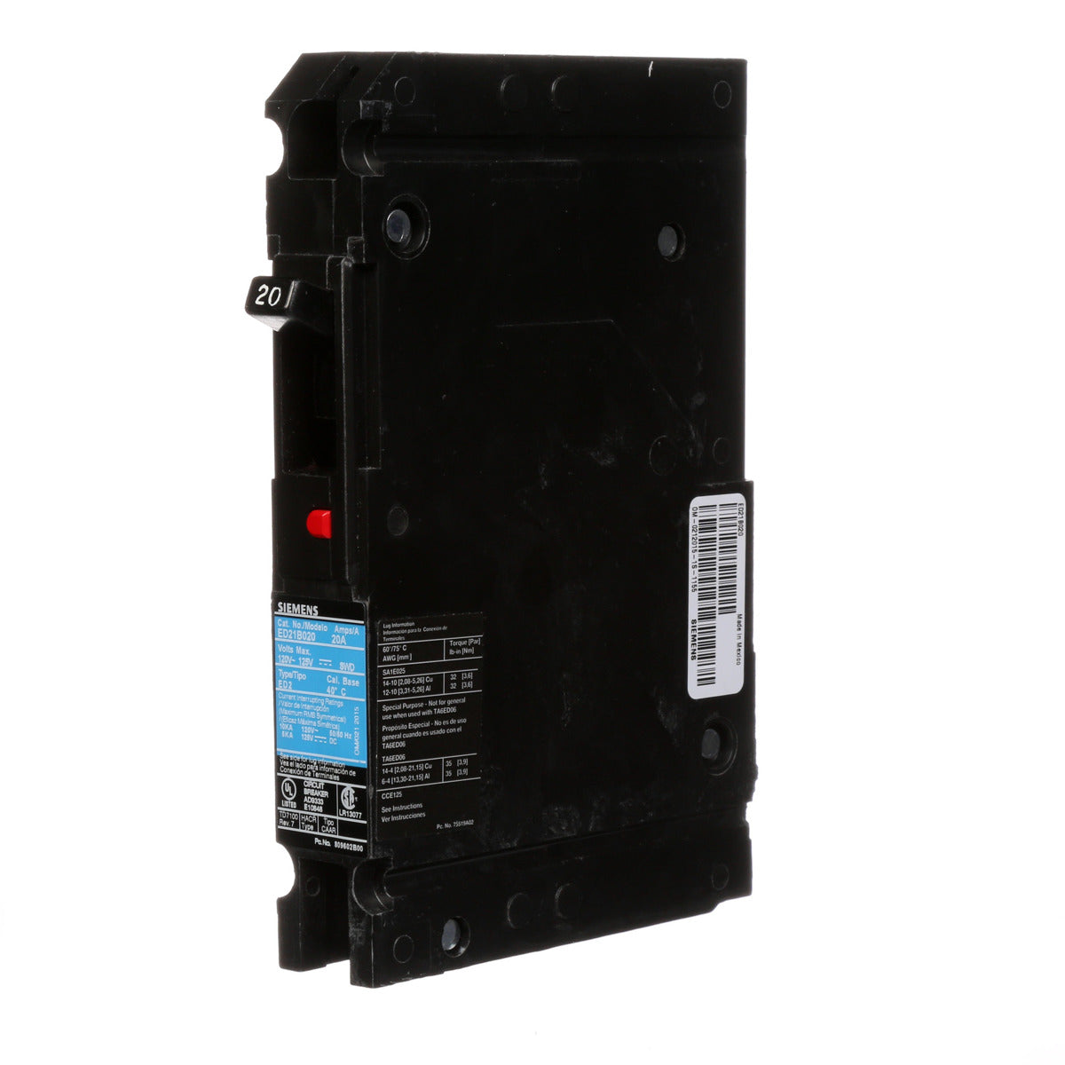 Siemens ED21B020 1-Pole 20 Amp 120 VAC 10 kA Circuit Breaker Lug