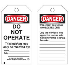 Brady 66051 Tagout Tags Lockout Polyester Metal Rigid Black/Red on White 5.75 H x 3 in. W