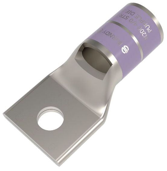 BURNDY YA28LBOX 4/0 AWG CU, One Hole, 1/2 Stud Size, Standard Barrel, Inspection Window, Internal Chamfer, Tin Plated, UL/CSA 90? Up to 35kV, PURPLE Color Code, 15 Die Index