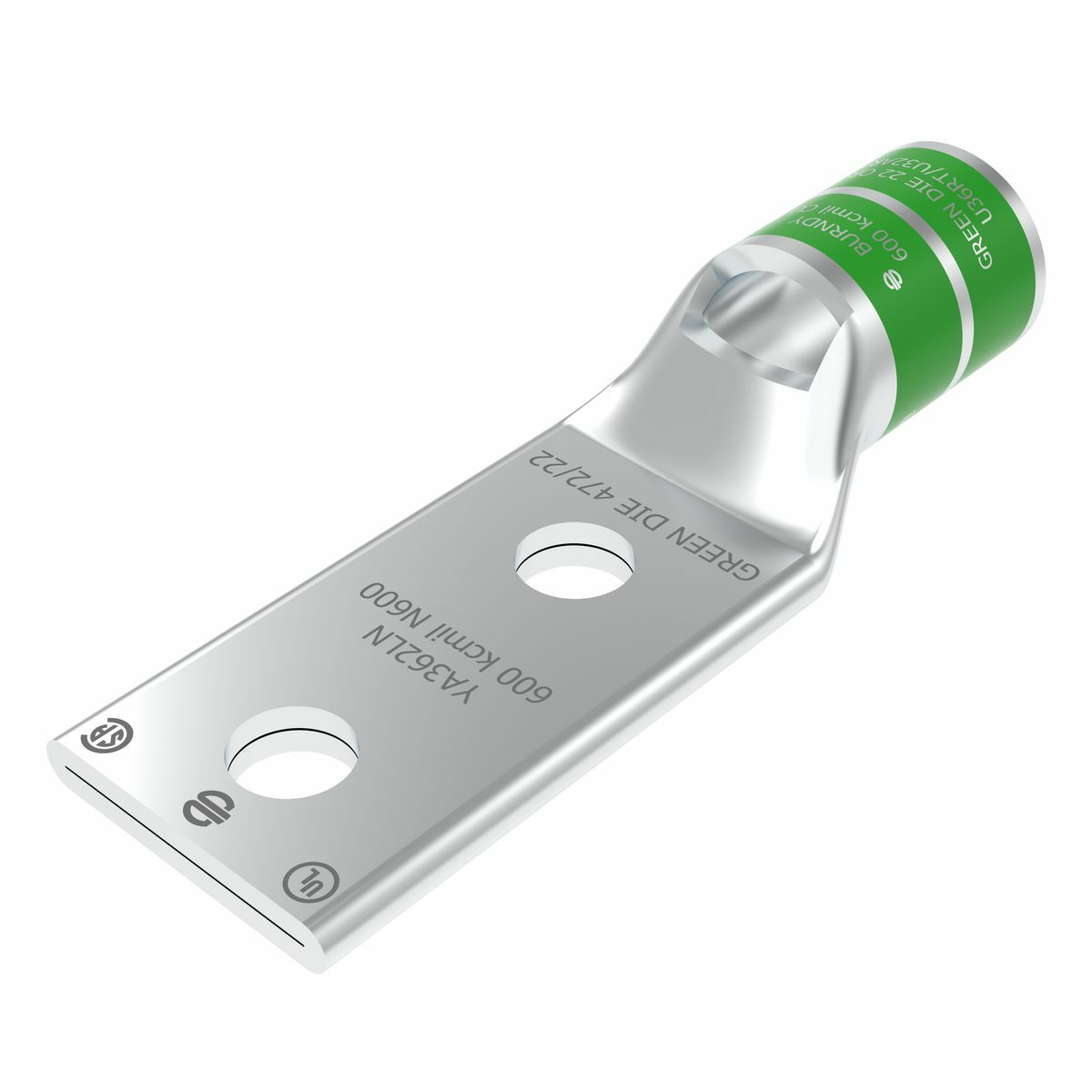 BURNDY YA362LN 600 kcmil CU, Two Hole, 1/2 Stud Size, 1-3/4 Hole Spacing, Standard Barrel, Inspection Window, Internal Chamfer