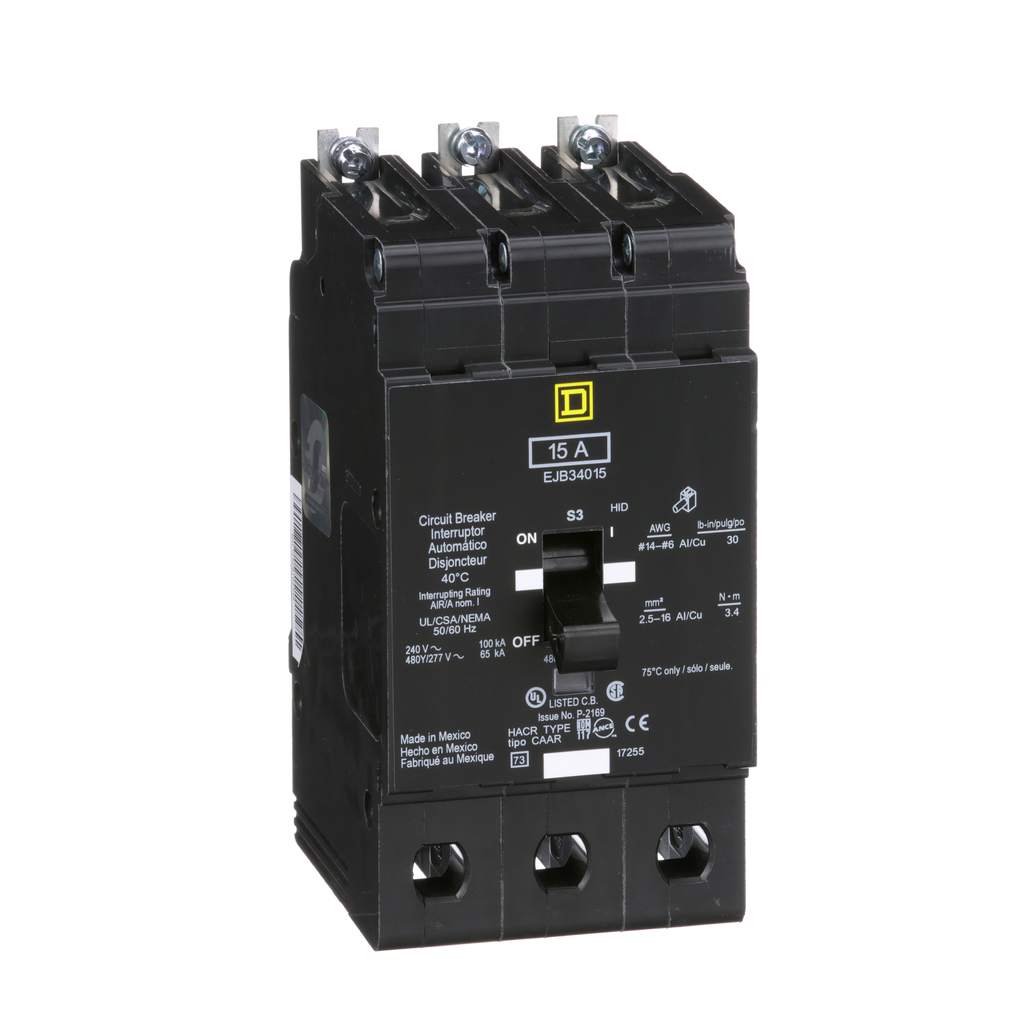 Square D EJB34015 3-Pole 15 Amp 480 Star/277 Volt Thermal Magnetic Miniature Circuit Breaker