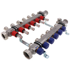 Viega 16034 1-1/4 x 1, Union x FPT, 100 PSI, 304 Stainless Steel, 6-Port, Heating and Cooling Manifold with Shut-Off/Balancing Valve/Air Bleeder/Mounting Bracket/Supply Flow Meter Valve