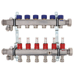 Viega 16034 1-1/4 x 1, Union x FPT, 100 PSI, 304 Stainless Steel, 6-Port, Heating and Cooling Manifold with Shut-Off/Balancing Valve/Air Bleeder/Mounting Bracket/Supply Flow Meter Valve