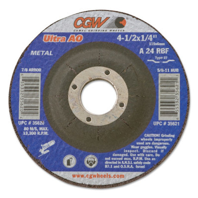 CGW Abrasives 35621 1/4 in Depressed Center Wheel Type 27 4-1/2 in dia 5/8 in Arbor A24R