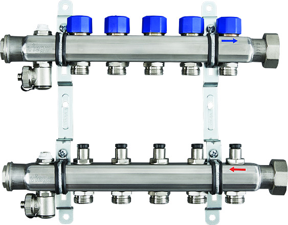 Viega 16407 1-1/4 x 1, Union x FPT, 100 PSI, 304 Stainless Steel, 9-Port, Heating and Cooling Manifold with Shut-Off/Balancing Valve/Air Bleeder/Mounting Bracket