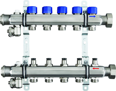 Viega 16407 1-1/4 x 1, Union x FPT, 100 PSI, 304 Stainless Steel, 9-Port, Heating and Cooling Manifold with Shut-Off/Balancing Valve/Air Bleeder/Mounting Bracket