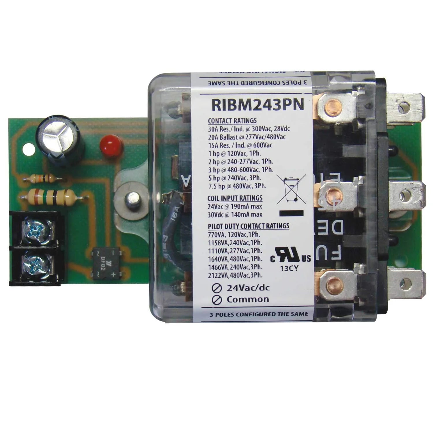 FUNCTIONAL DEVICES Functional Devices RIBM243PN Power Relay 30 Amp 3PDT 24 VAC/DC Coil Track Mount