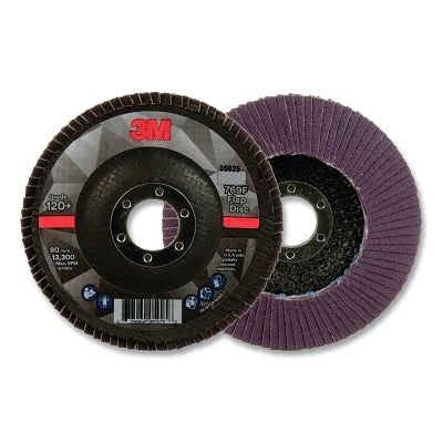 3M 7100178091 Flap Disc 769F 4.5 in dia 120+ Grit 0.875 in arbor 13300 RPM