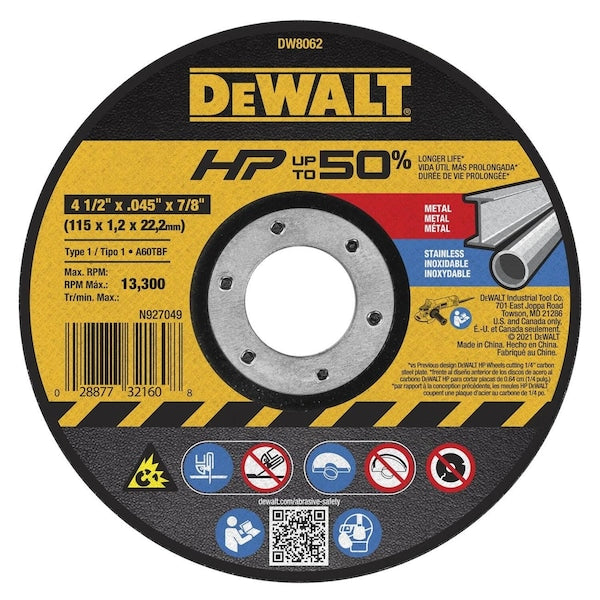 Dewalt DW8062Z Cut Off Wheel 4-1/2X.045X7/8 Metal Cut-Off Wheel Type 1