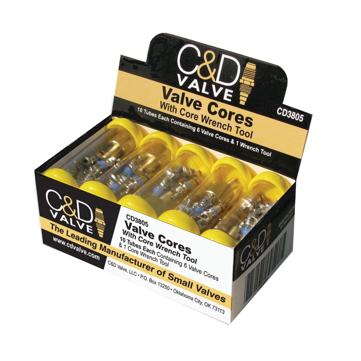 C&D VALVE C&D Valve CD3805 Plastic Tube Container w/ 6 Valve Cores and One Core Wrench Tool