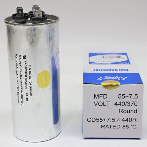 Supco CD55+7.5X440R - ROUND RUN CAPACITOR 55 + 7.5 MFD X 440V CD55+7.5X440R