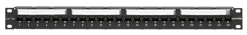 Leviton 6A586-U24 CAT6A Flat Patch Panel, 110-style meets TIA 19 in Rack Mount, 24-Port configured