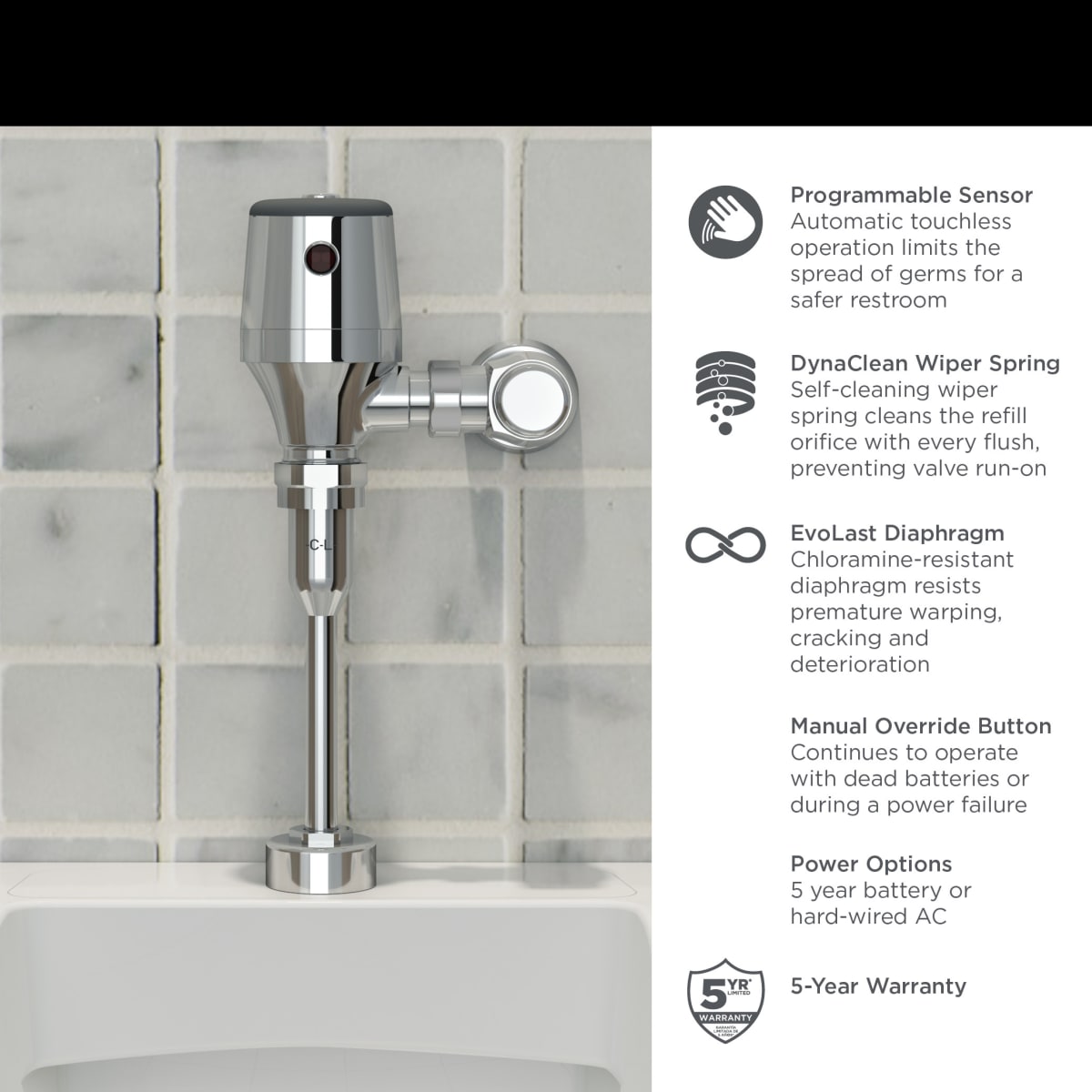 American Standard 6245051.002 Ultima Selectronic Exposed Urinal Flush Valve, Diaphragm Type, Battery, 0.5 gpf/1.9 Lpf