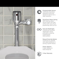 American Standard 6247121.002 Ultima Selectronic Exposed Toilet Flush Valve, Diaphragm Type, Battery, 1.28 gpf/4.8 Lpf