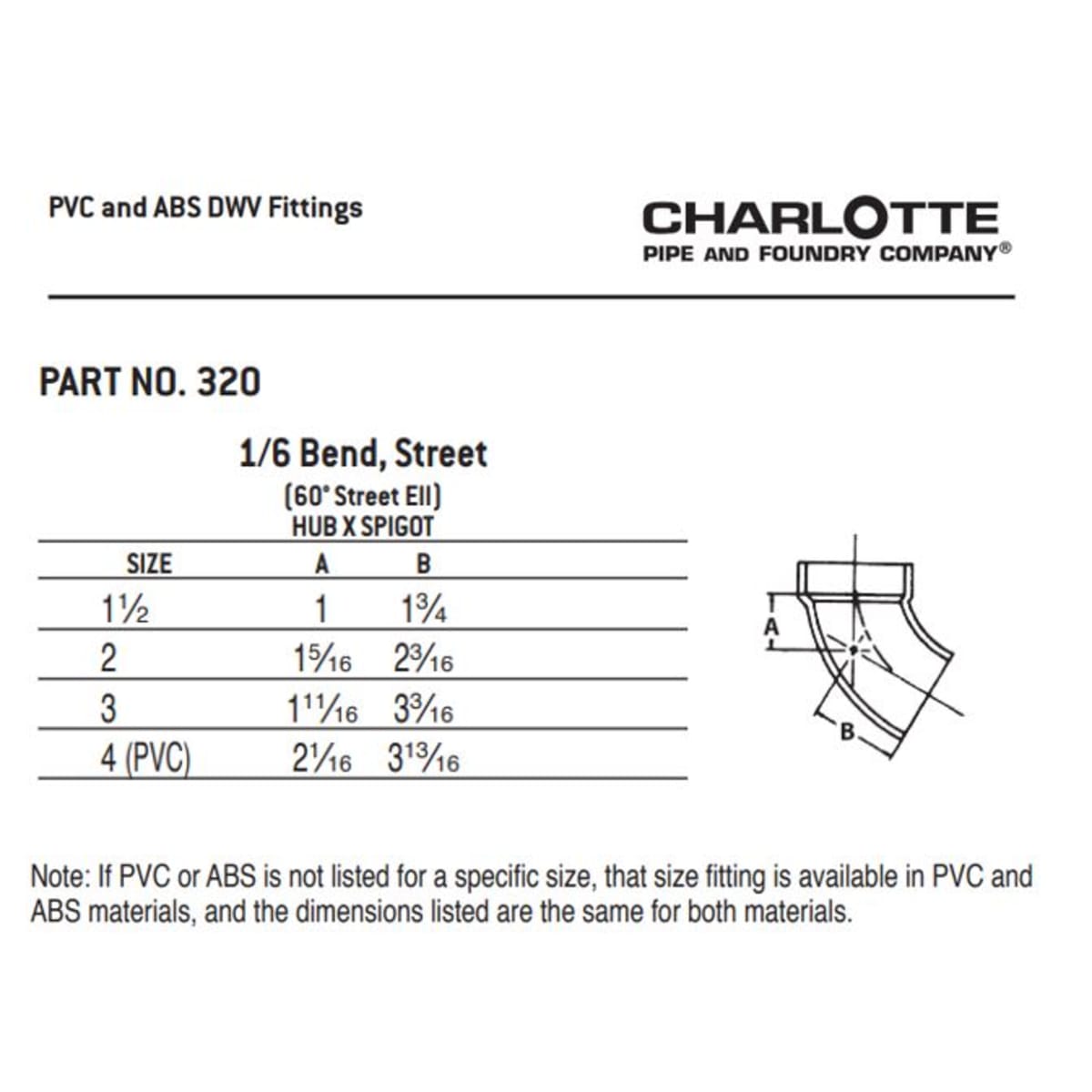 Charlotte Pipe 02873 3 1/6 Bend - 60 Deg - Elbow (Street) - Ftg x Hub - ABS DWV