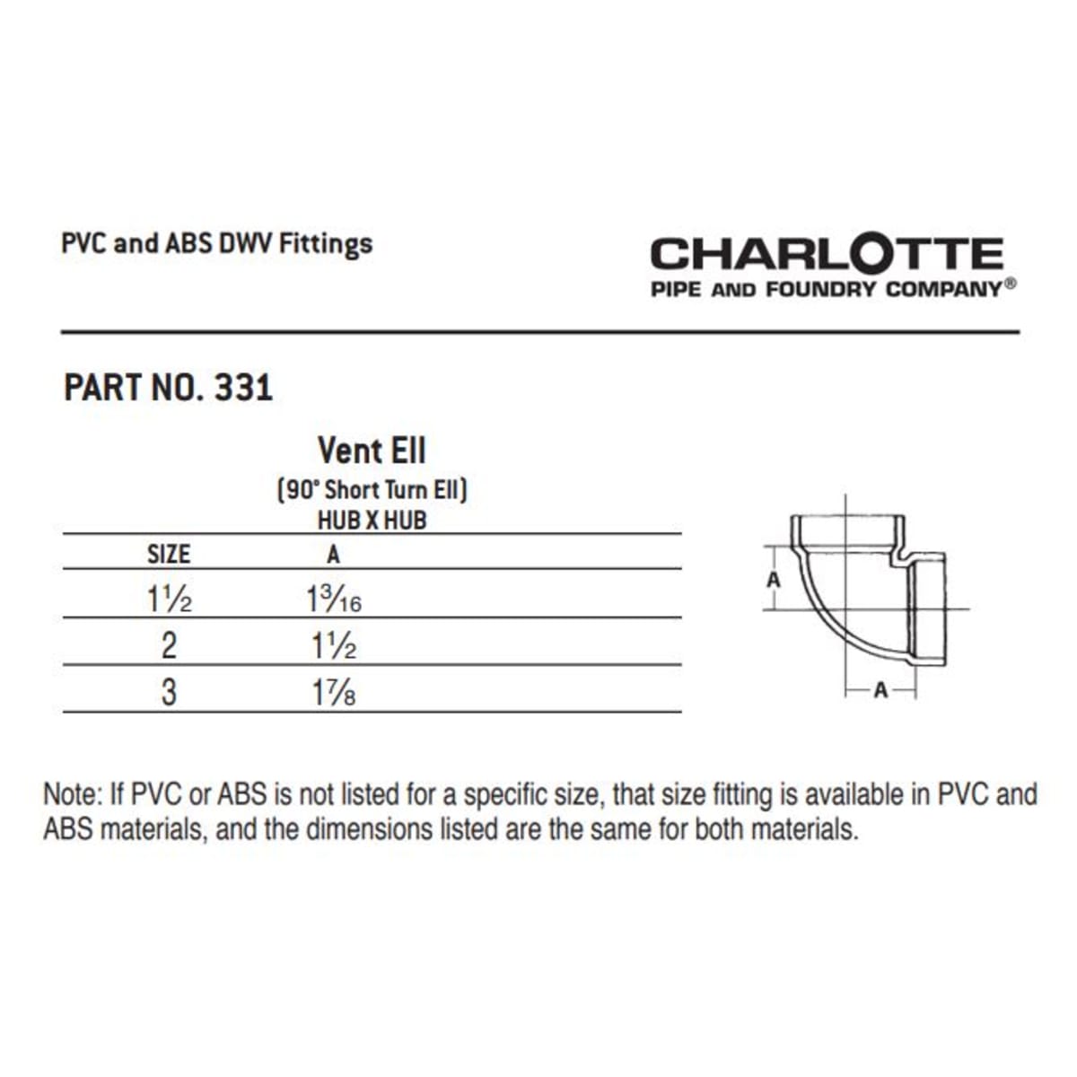 Charlotte Pipe 02905 2 1/4 Bend - 90 Deg - Elbow (Vent) - Hub x Hub - ABS DWV