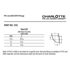 Charlotte Pipe 02905 2 1/4 Bend - 90 Deg - Elbow (Vent) - Hub x Hub - ABS DWV