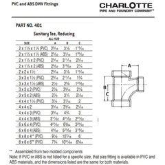 Charlotte Pipe 02938 4x4x2 Sanitary Tee (Reducing) - Hub x Hub x Hub - ABS DWV