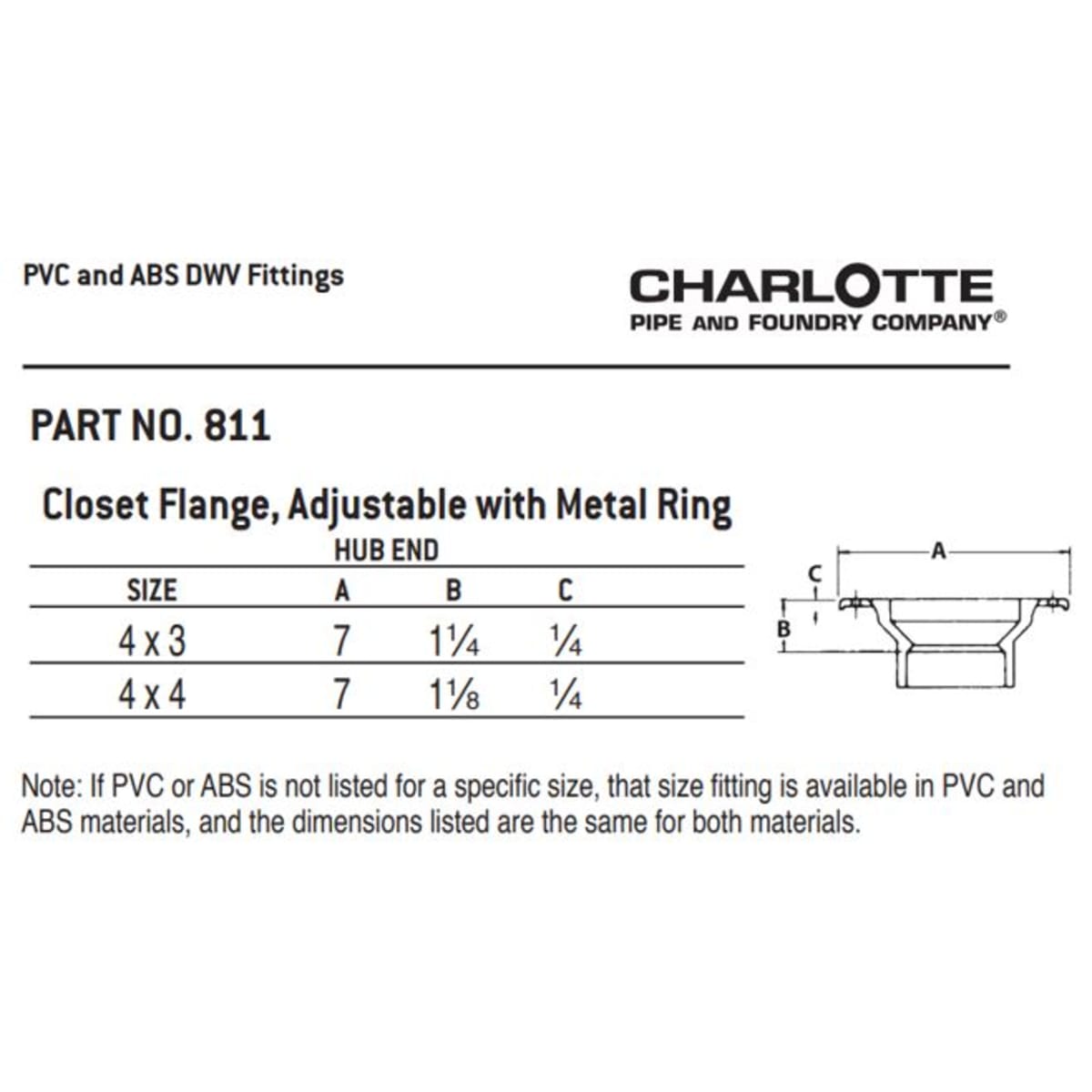 Charlotte Pipe 03117 4 Closet Flange (w/Metal Ring) - Hub x Hub - ABS DWV